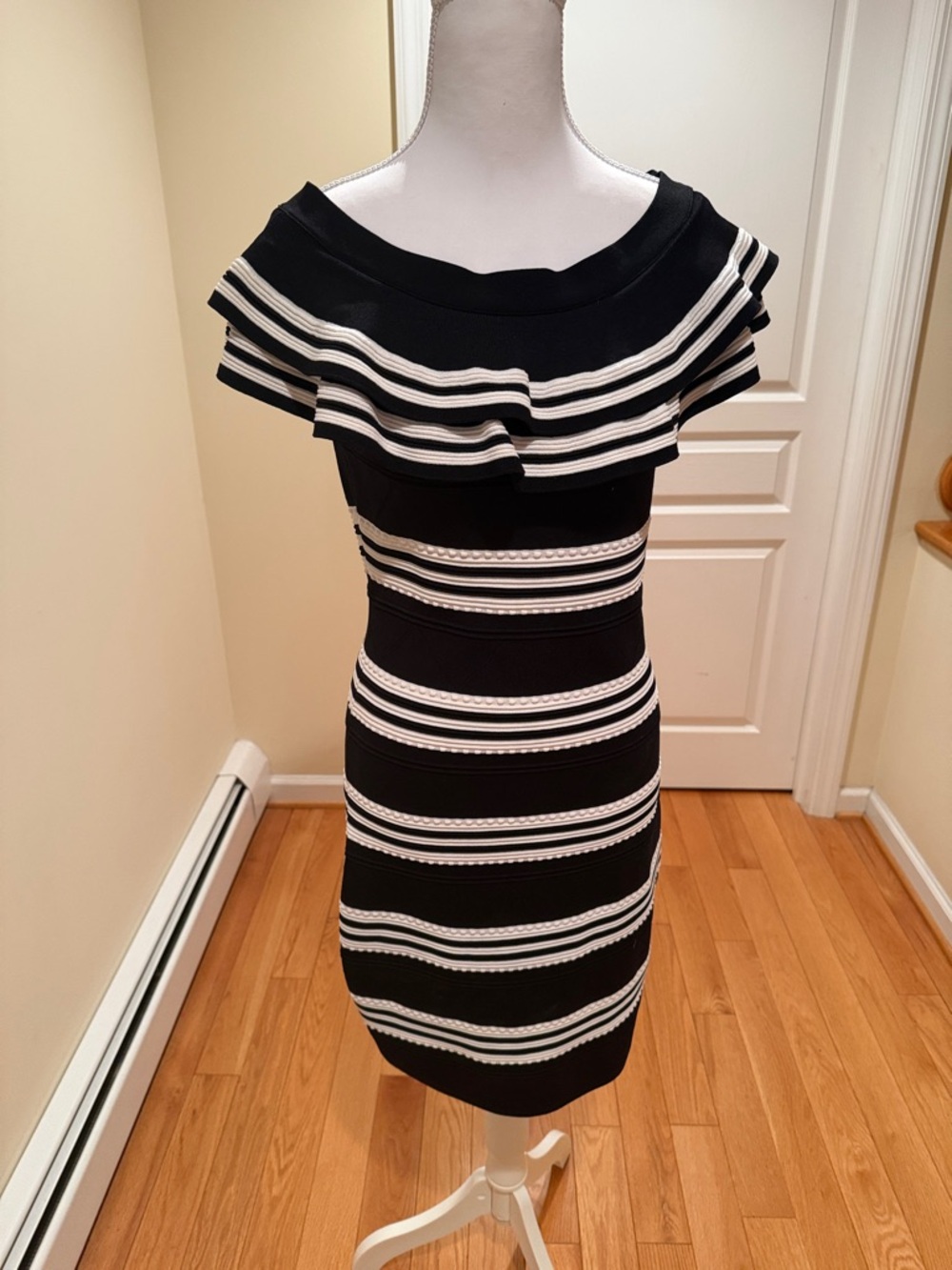 Frank Lyman Design Black and White Striped Ruffle Midi Dress